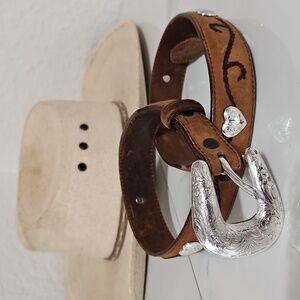 Tony Lama Brown Leather Belt with Heart Silver Accents